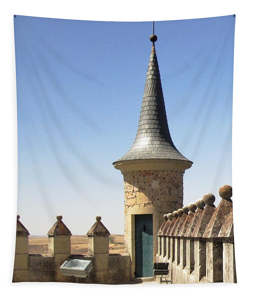 Segovia Tapestry featuring the photograph On the Roof of Segovia Castle with Cone Shaped Railing in Spain by John Shiron