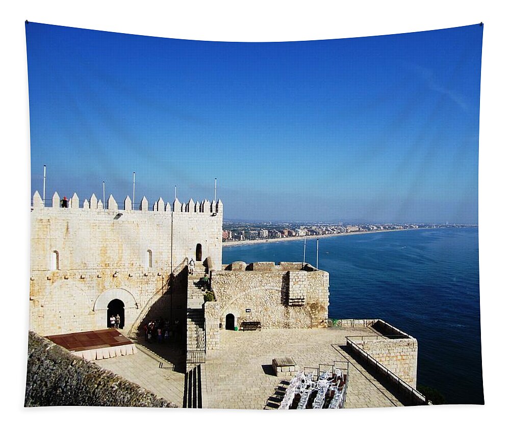 Peniscola Tapestry featuring the photograph Peniscola Beach Castle Sea View At the Mediterranean in Spain by John Shiron