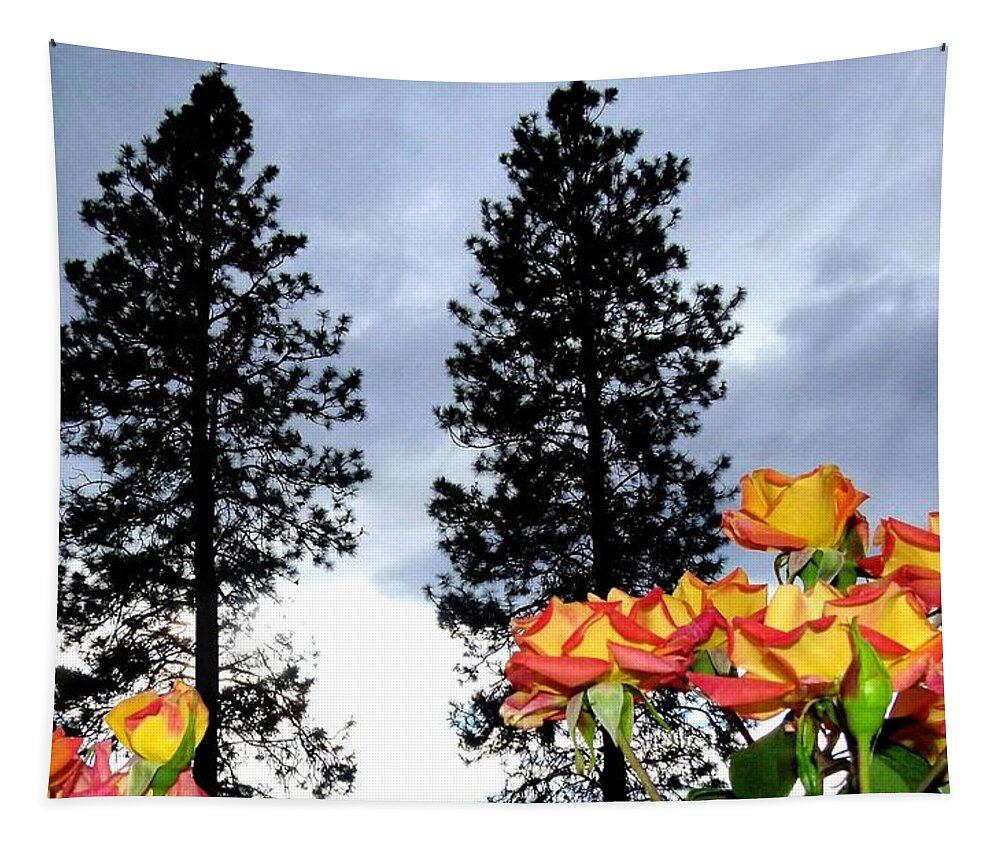 Pine Trees Tapestry featuring the photograph Pine Trees And Roses by Will Borden