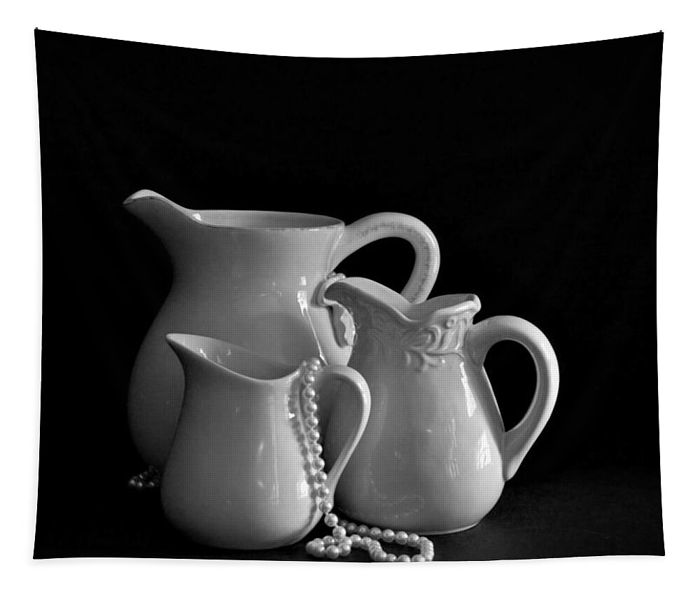 Still Life Tapestry featuring the photograph Pitchers by the Window in Black and White by Sherry Hallemeier