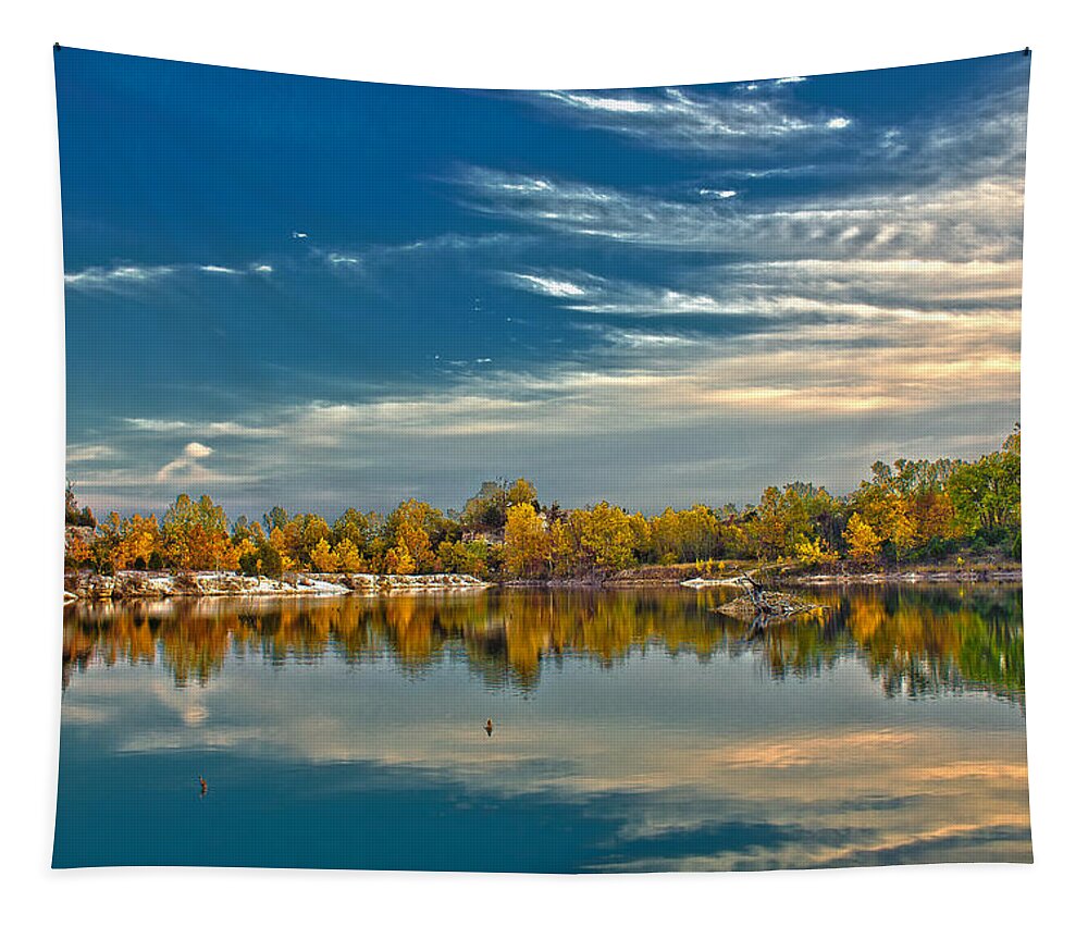 Klondike Park Tapestry featuring the photograph Polarizing Autumn Lake by Bill and Linda Tiepelman