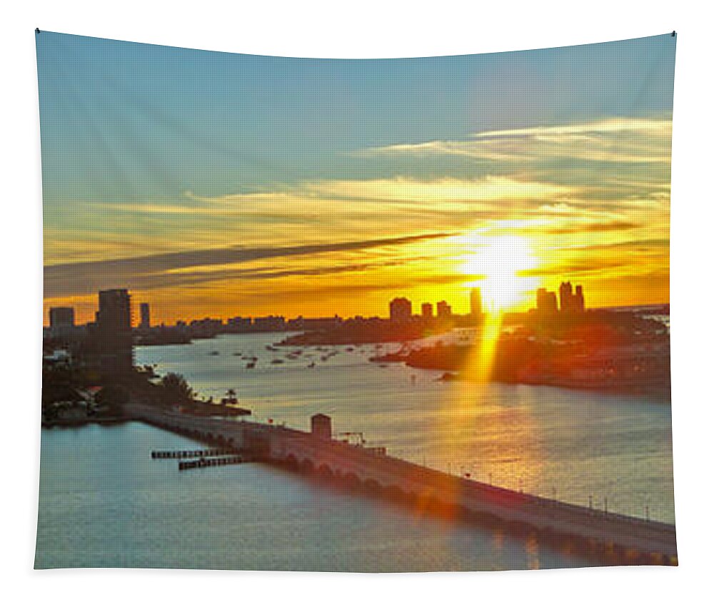 Miami Panorama Tapestry featuring the photograph Port of Miami Panorma at sundown by Dejan Jovanovic