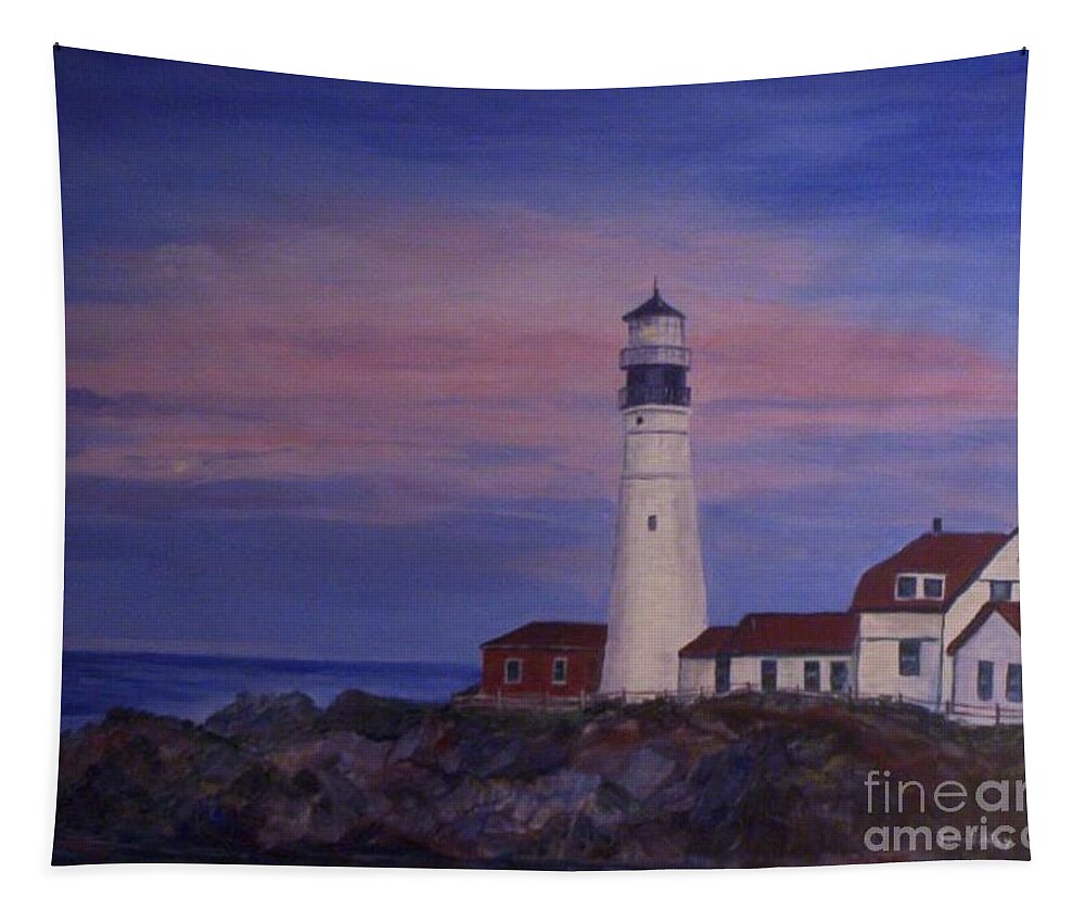 Lighthouse Tapestry featuring the painting Portland Head Lighthouse at Dawn by Julie Brugh Riffey