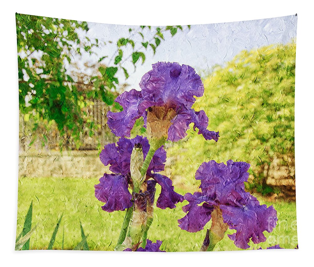 Purple-iris Tapestry featuring the photograph Purple Iris Party Painterly by Andee Design