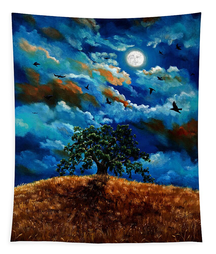Ravens Tapestry featuring the painting Ravens in a Moonlit Landscape by Laura Iverson