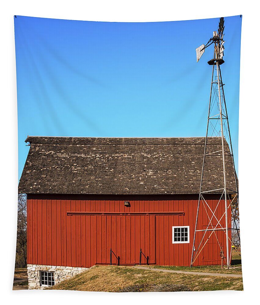 Barns Tapestry featuring the photograph Red Barn And Windmill by Ed Peterson