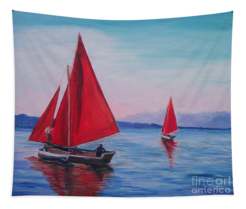 Irish Coast Tapestry featuring the painting Red Sails on Irish Coast by Julie Brugh Riffey
