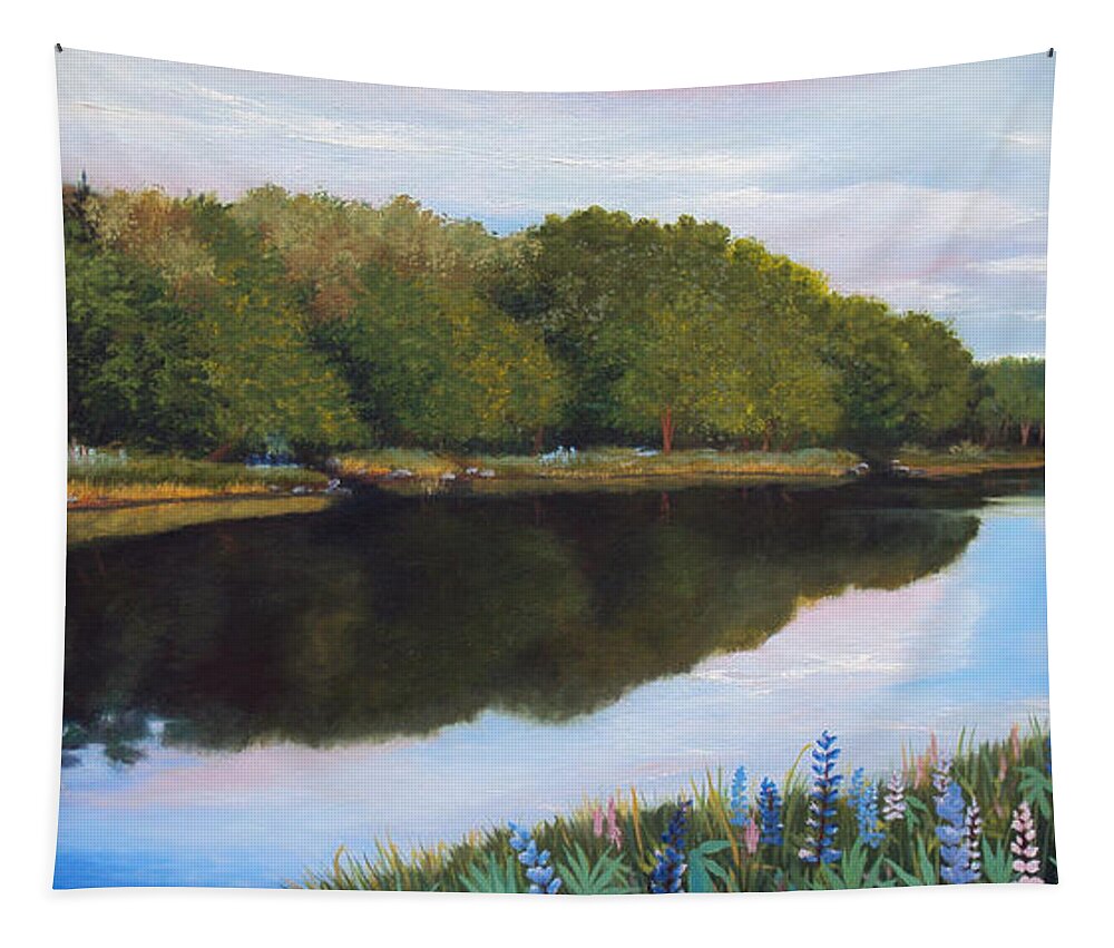 Maine Tapestry featuring the painting River Lupine Flowers by Laura Tasheiko