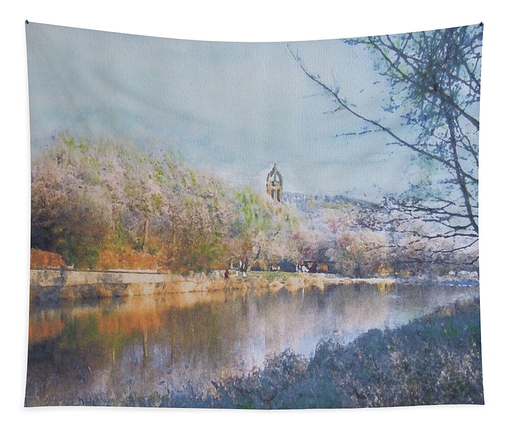 River Tweed Tapestry featuring the painting River walk reflections Peebles by Richard James Digance