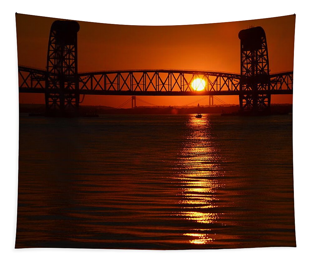 Sailboat Tapestry featuring the photograph Sailboat Bridges Sunset by Maureen E Ritter