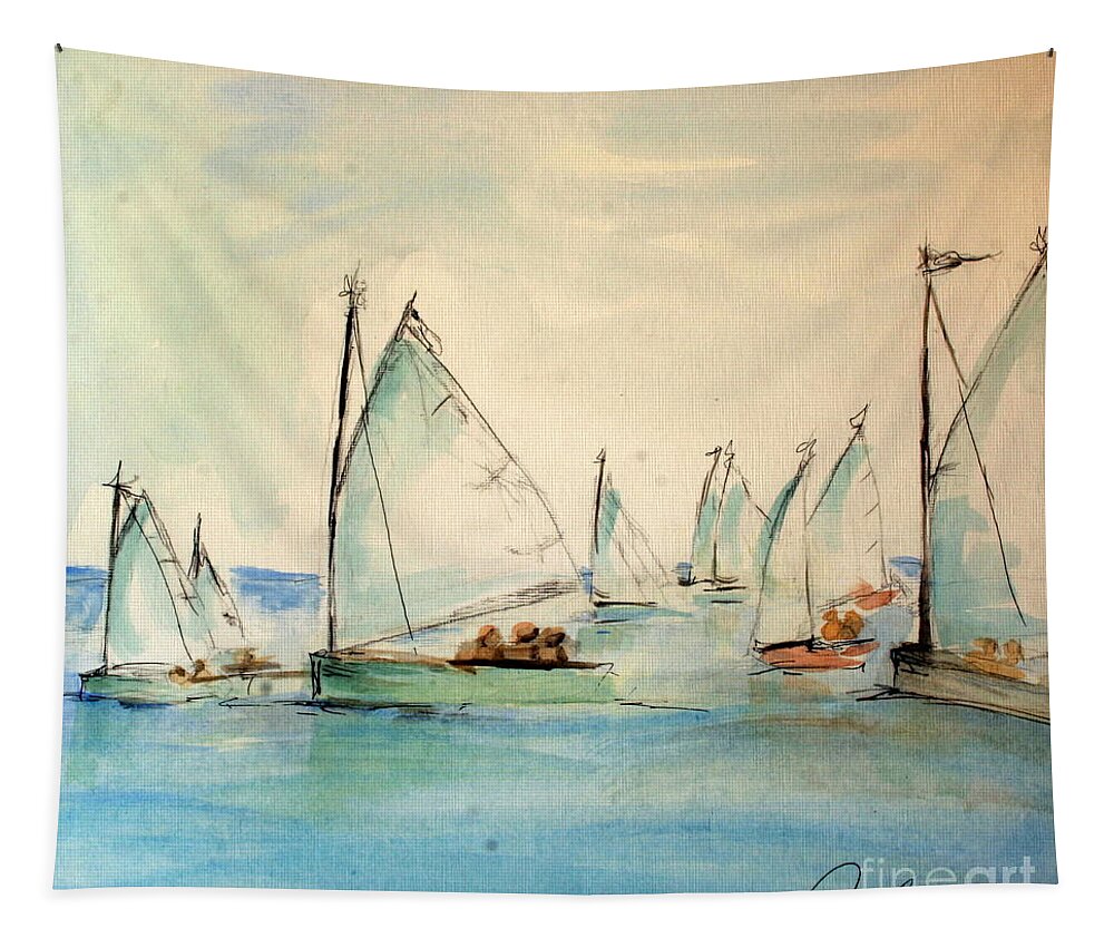 Paintings Tapestry featuring the painting Sailors in a runabout by Julie Lueders 