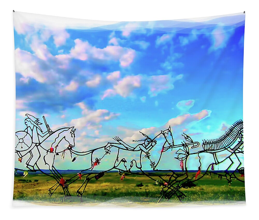 Little Bighorn Indian Memorial Tapestry featuring the digital art Spirit Warriors - Little Bighorn Battlefield Indian Memorial by Gary Baird