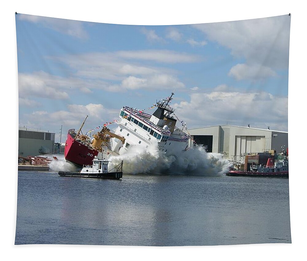 Mackinaw Tapestry featuring the photograph Splash launch of the Coast Guard Cutter Mackinaw by Keith Stokes