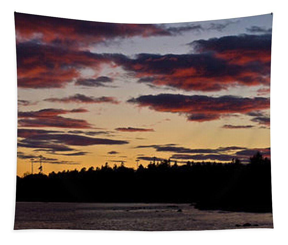 Mackinaw Tapestry featuring the pyrography St. Ignace Sunset by Larry Carr