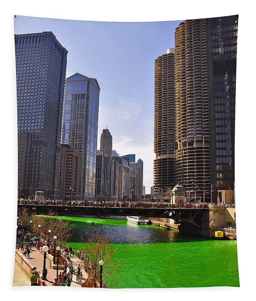 Wrigley Tower Chicago Tapestry featuring the photograph St Patrick's Day Chicago by Dejan Jovanovic