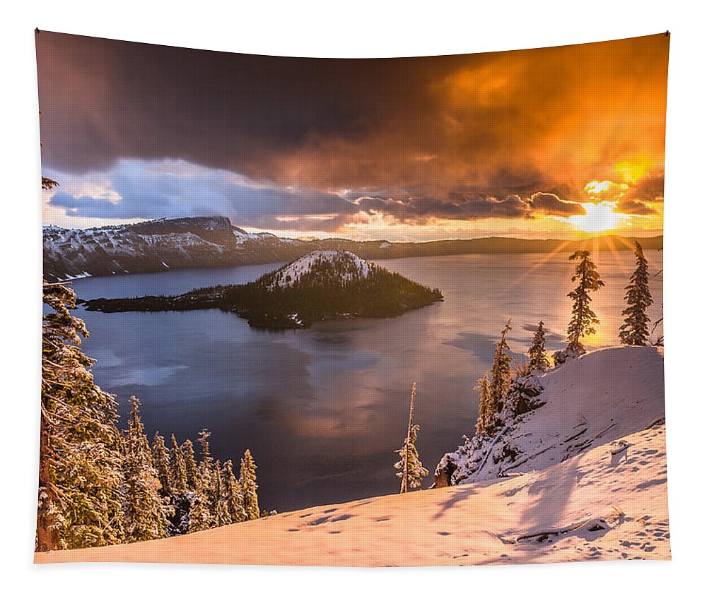 Cascades Tapestry featuring the photograph Starburst Sunrise at Crater Lake by Greg Nyquist
