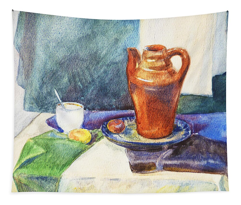Cup Tapestry featuring the painting Still Life With Cup and Coffeepot by Irina Sztukowski