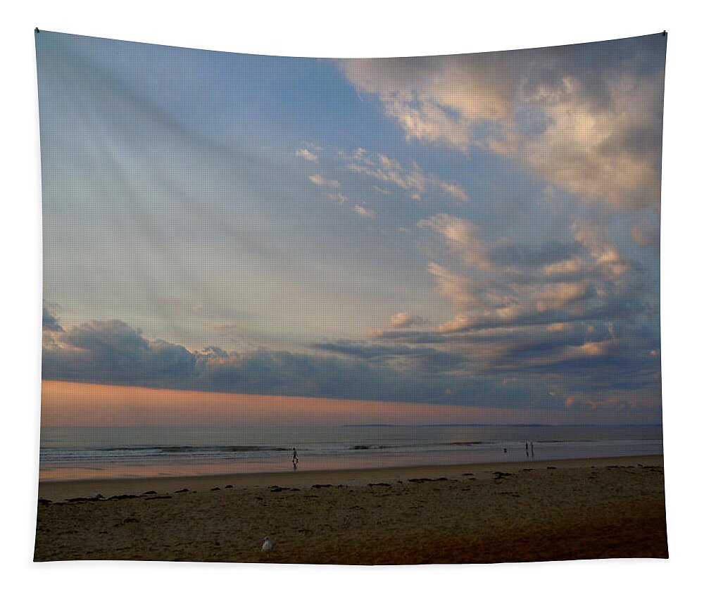 Beach Tapestry featuring the photograph Strolling at Sunrise on the Shore of Maine by Nancy Griswold