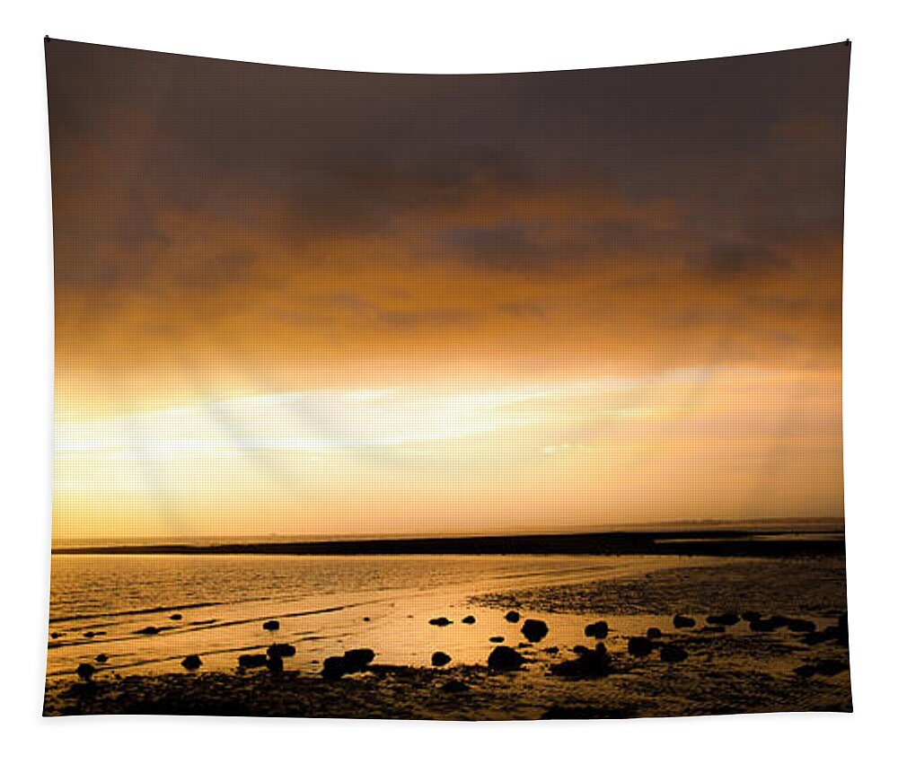Boat Tapestry featuring the photograph Sunset panoramic sea shore by Simon Bratt