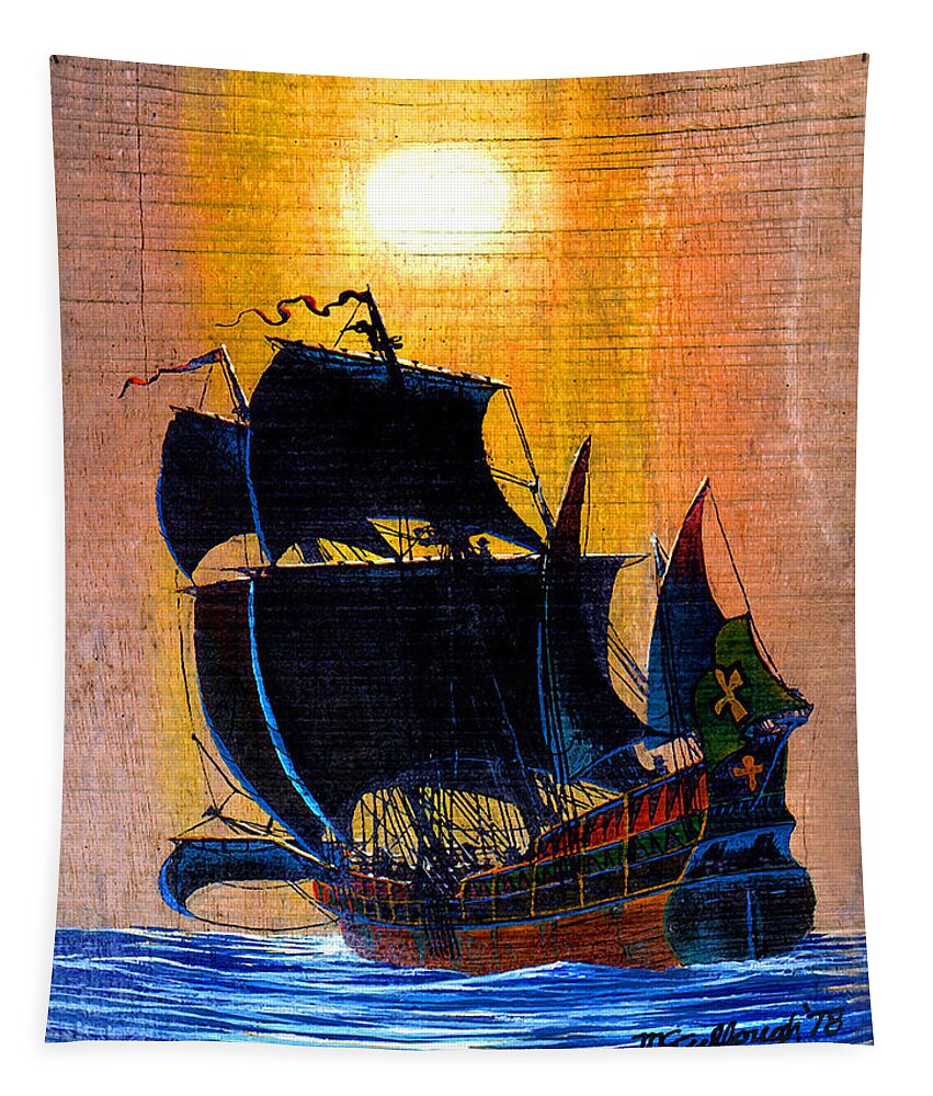 Duane Mccullough Tapestry featuring the painting Sunship Galleon on Wood by Duane McCullough