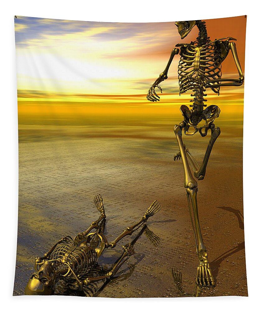 Surreal Tapestry featuring the digital art Surreal skeleton jogging past prone skeleton with sunset by Nicholas Burningham