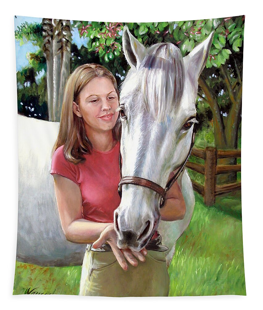 Tapestry featuring the painting Suzanne with a White Horse by Nancy Tilles