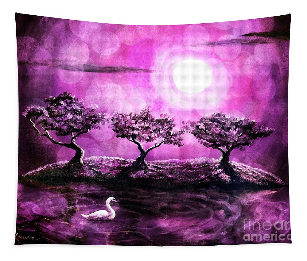 Pink Tapestry featuring the digital art Swan in a Magical Lake by Laura Iverson