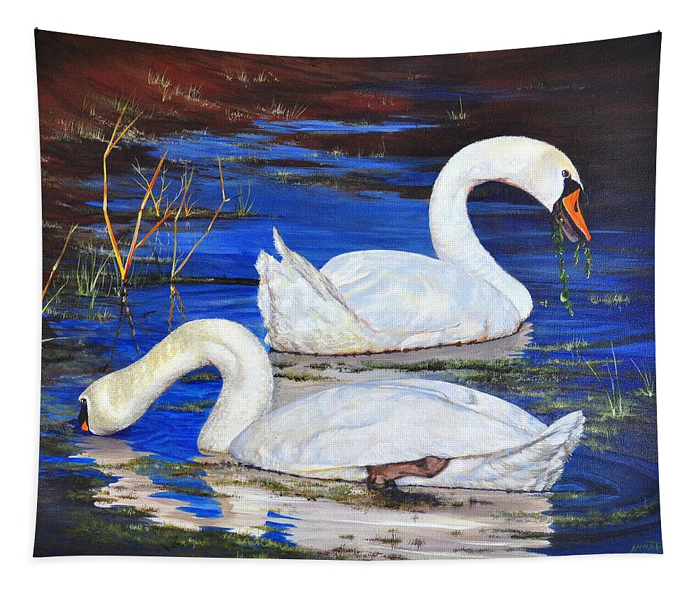 Swans Tapestry featuring the painting Swan''s Salad by AnnaJo Vahle