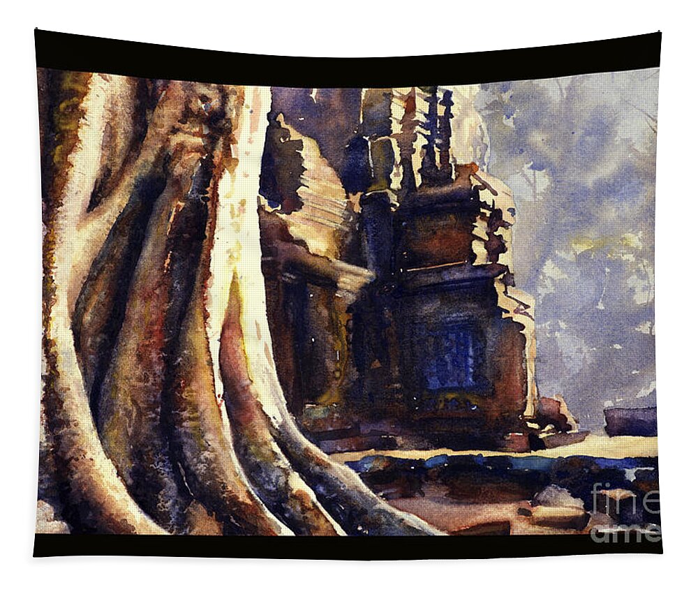 Angkor Wat Siem Reap Tapestry featuring the painting Ta Prohm Khmer temple in Cambodia by Ryan Fox