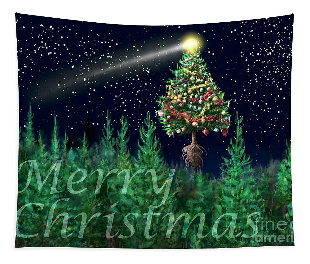 Abstract Tapestry featuring the digital art The Egregious Merry Christmas Tree Landscape by Russell Kightley