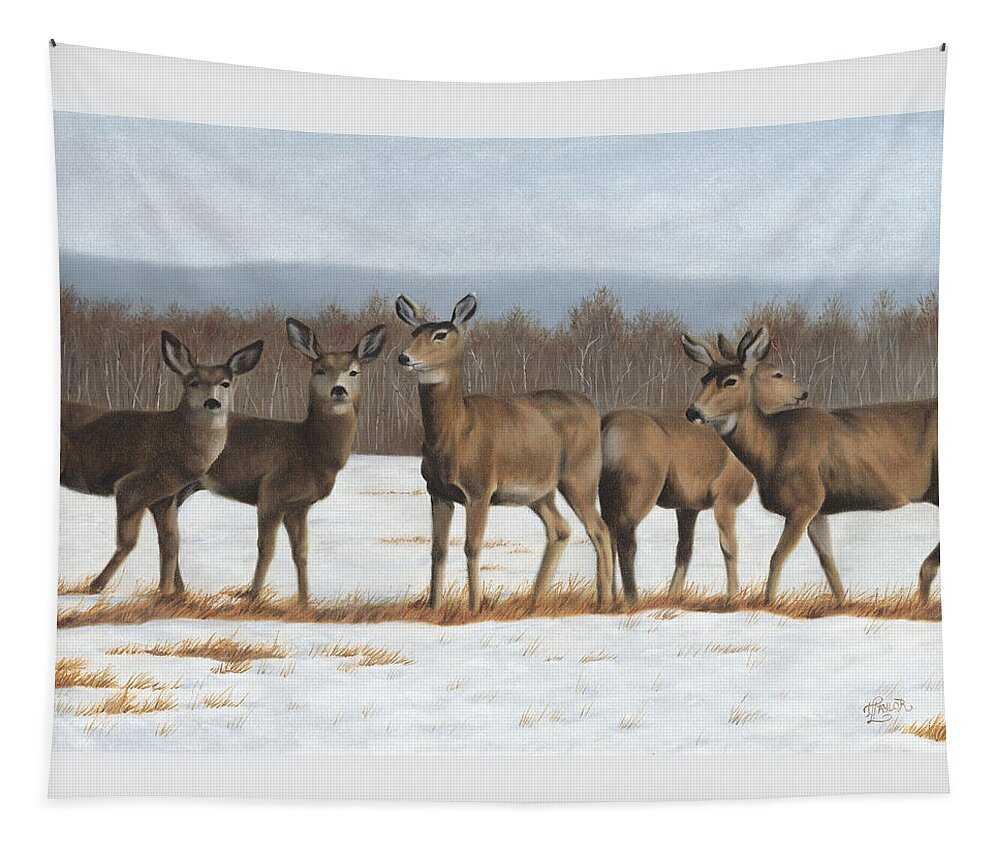 Mule Deer In Winter Field Tapestry featuring the painting The Gathering by Tammy Taylor