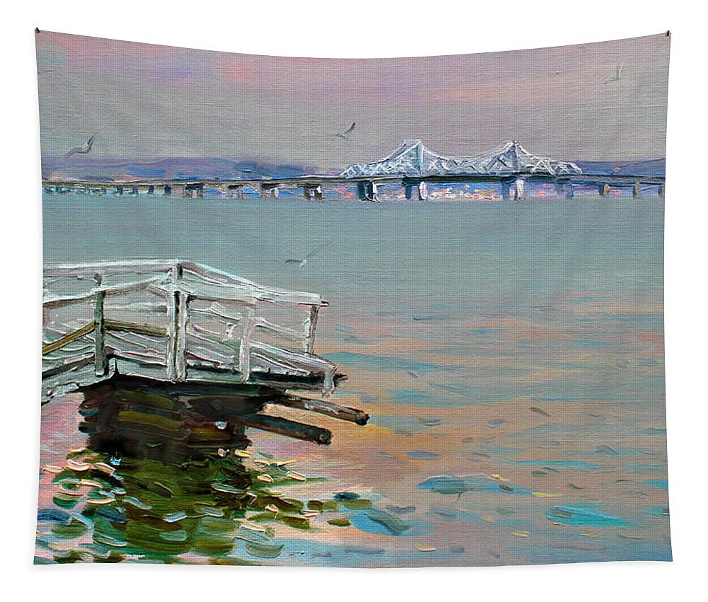 Deck Tapestry featuring the painting The Old Deck and Tappan Zee Bridge by Ylli Haruni