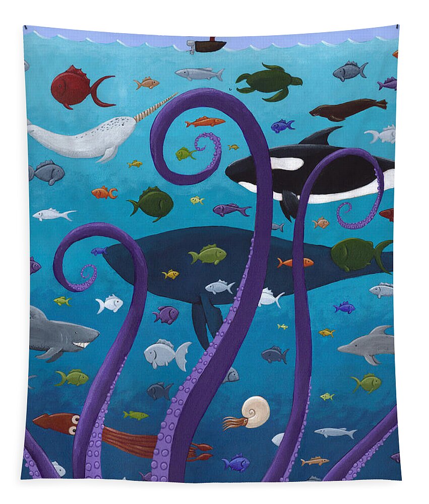 Fish Tapestry featuring the painting The Old Man and the Sea Monster by Christy Beckwith