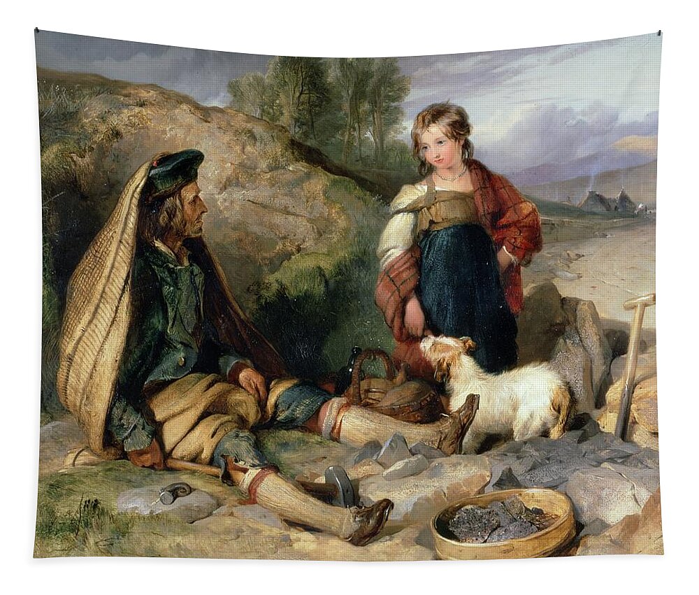 Poverty; Old; Man; Girl; Dog; Spade; Hammer Tapestry featuring the painting The Stone Breaker and his Daughter by Edwin Landseer