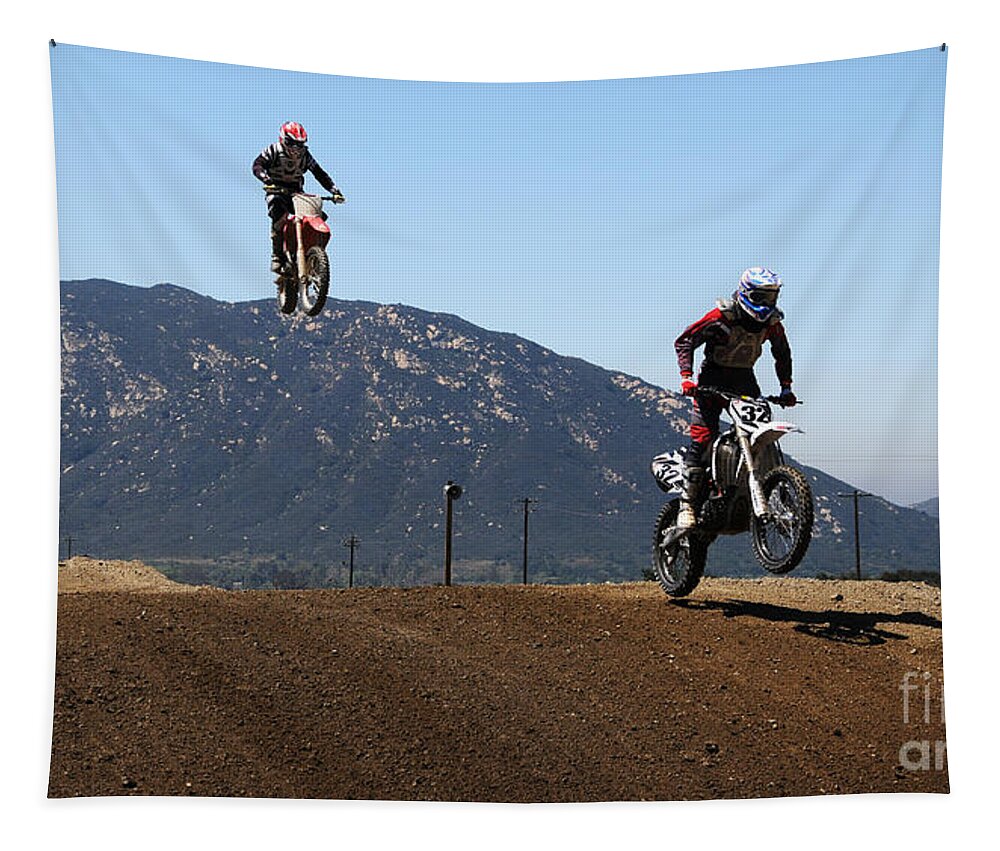 Motocross Tapestry featuring the photograph Three in the Air by Vivian Christopher