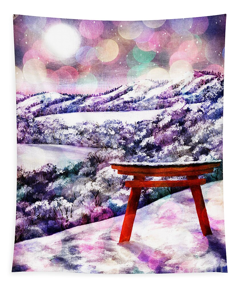 Fantasy Tapestry featuring the digital art Torii in Rainbow Snowfall by Laura Iverson