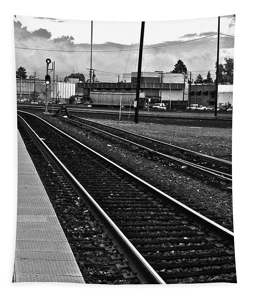 Train Tracks Tapestry featuring the photograph train tracks - Black and White by Bill Owen