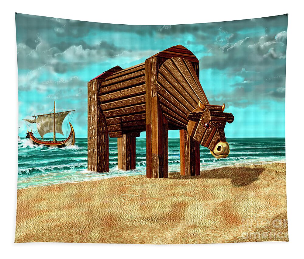 Beach Tapestry featuring the digital art Trojan Cow by Russell Kightley