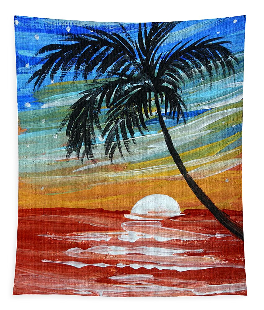 Abstract Tapestry featuring the painting Tropical Abstract Palm Tree Original Plumeria Flower Painting SINKING BELOW by MADART by Megan Aroon