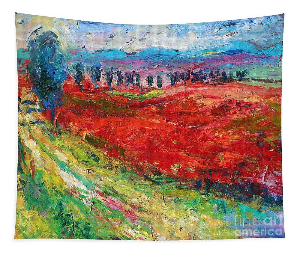 Tuscany Poppy Field Landscape Tapestry featuring the painting Tuscany italy landscape poppy field by Svetlana Novikova