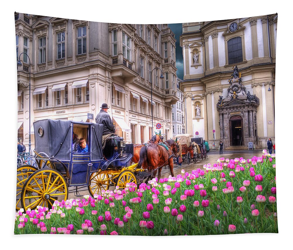 Vienna Tapestry featuring the photograph VIENNA Fiaker Peterskirche Tulips by Juli Scalzi