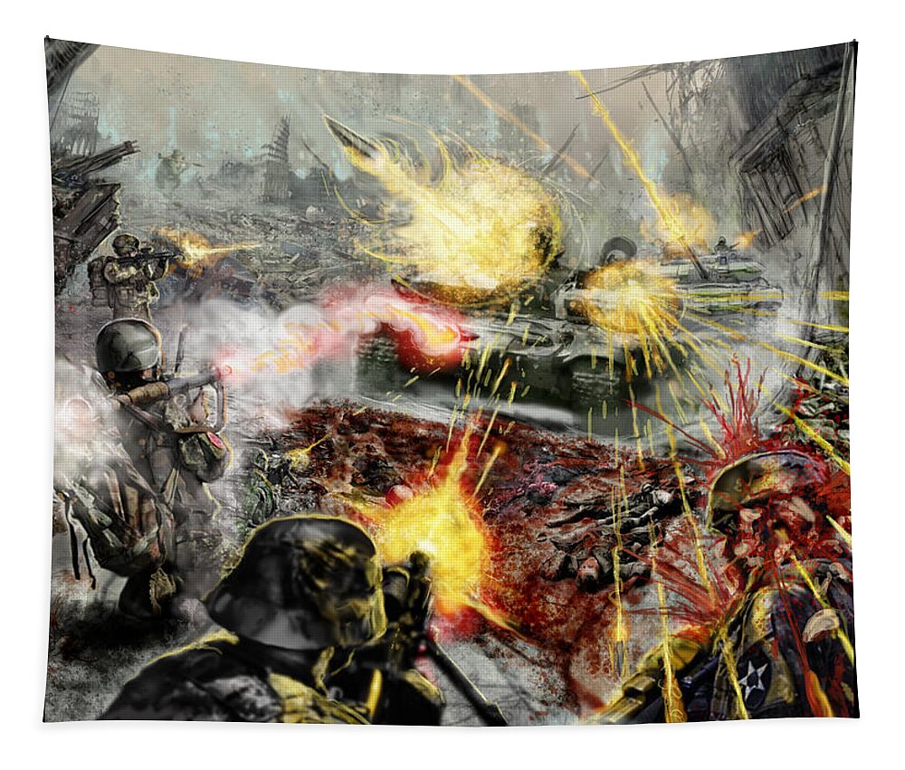 Cranial Impalement Tapestry featuring the mixed media Wars Are Designed to Destroy by Tony Koehl
