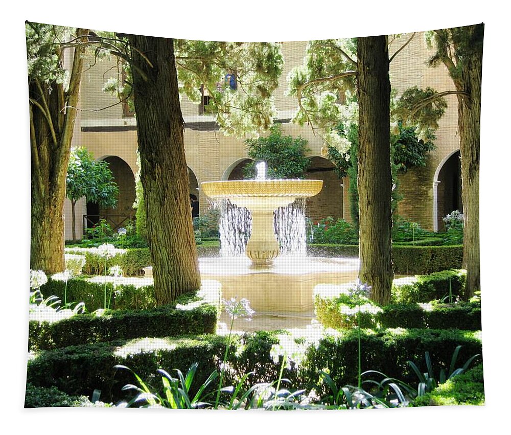 Water Tapestry featuring the photograph Water Fountain With Sunlight Shinning Thru It Granada Spain by John Shiron