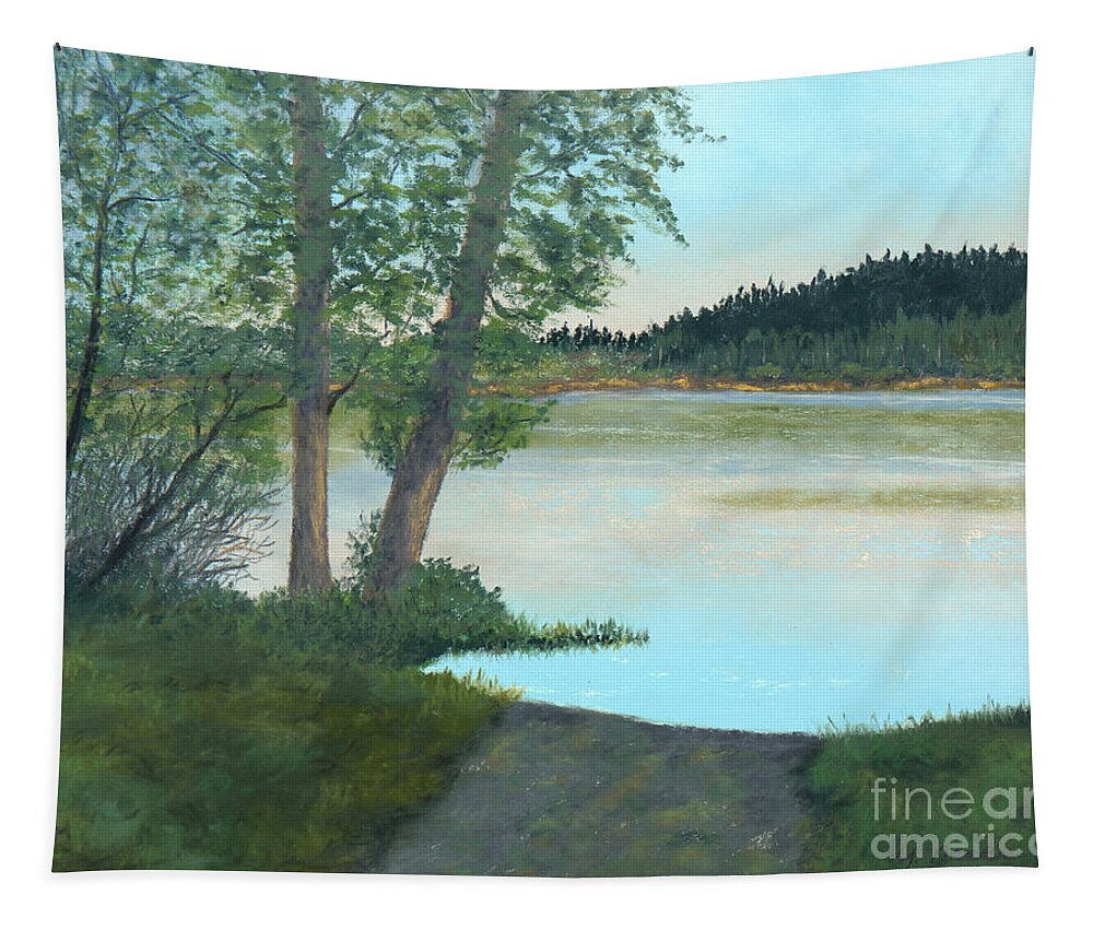 Hummel Lake Tapestry featuring the pastel Water's Edge at Hummel Lake by Ginny Neece