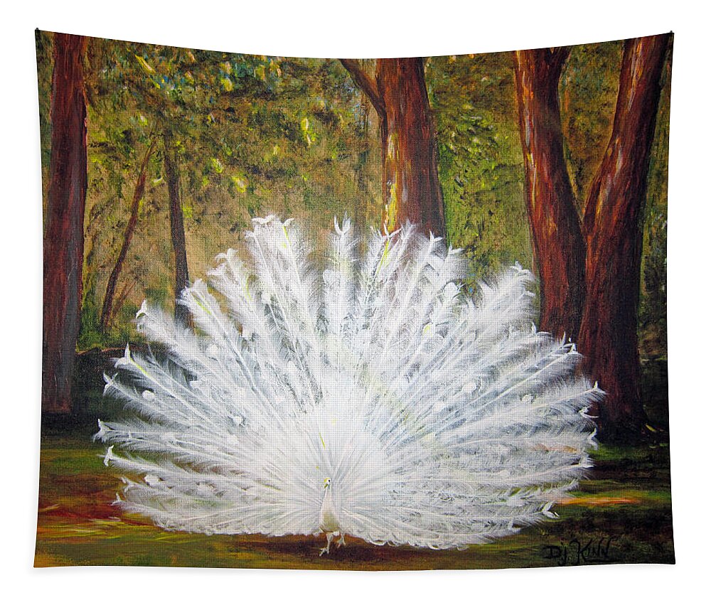 Peacocks Tapestry featuring the painting White Peacock by Dottie Kinn