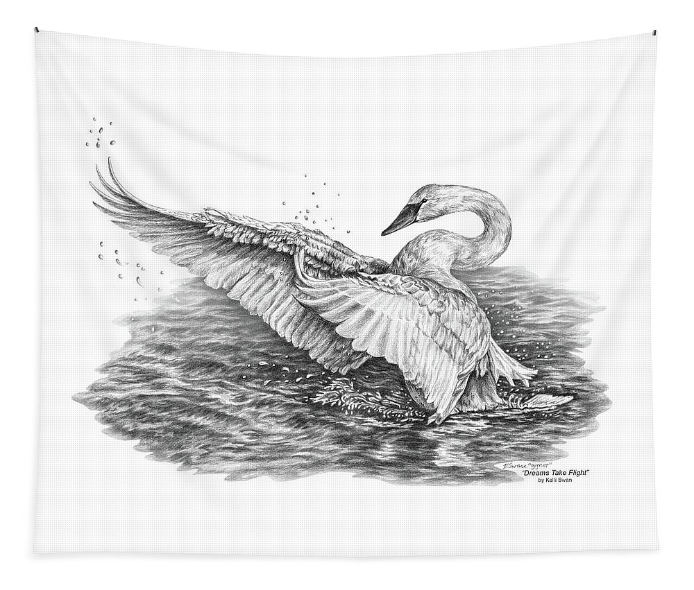 White Swan Tapestry featuring the drawing White Swan - Dreams Take Flight by Kelli Swan