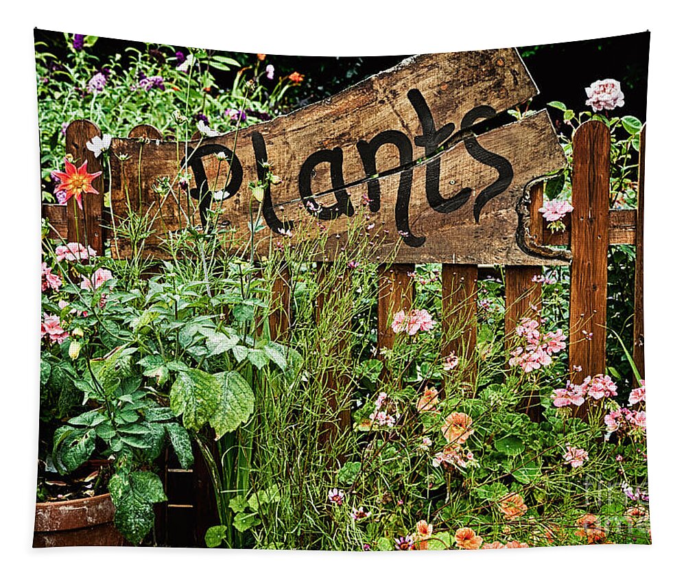 Plants Tapestry featuring the photograph Wooden plant sign in flowers by Simon Bratt