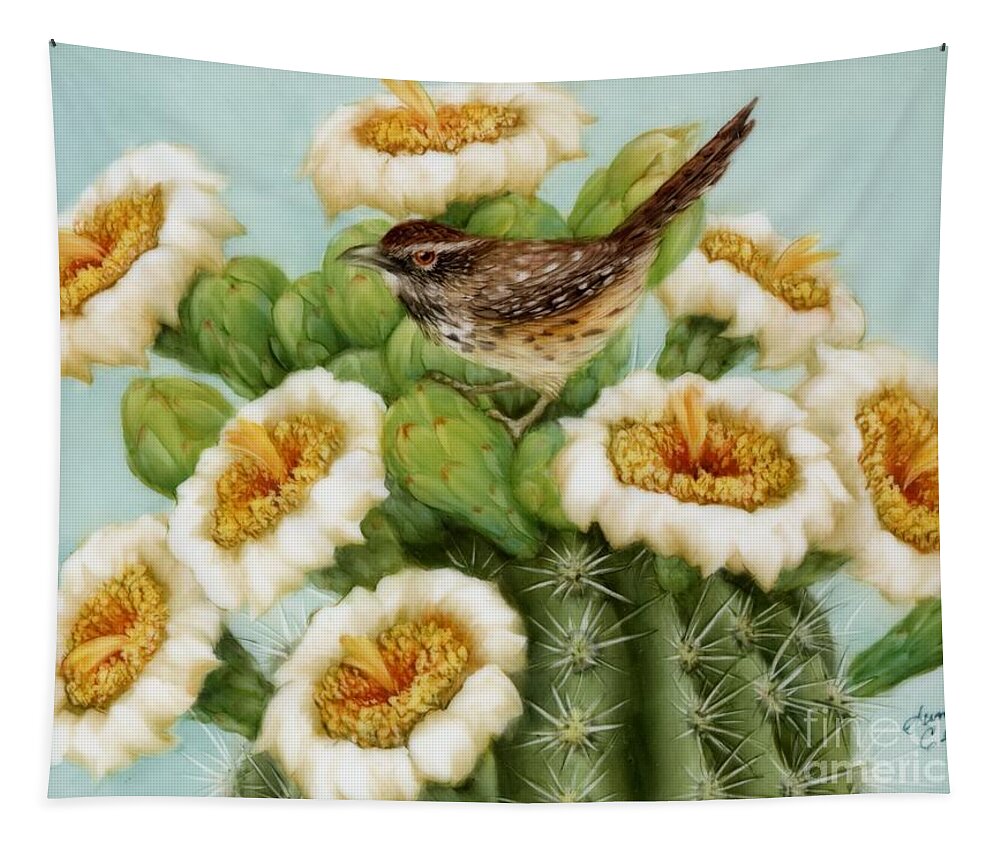 Wren Tapestry featuring the painting Wren and Saguaro Blossoms by Summer Celeste