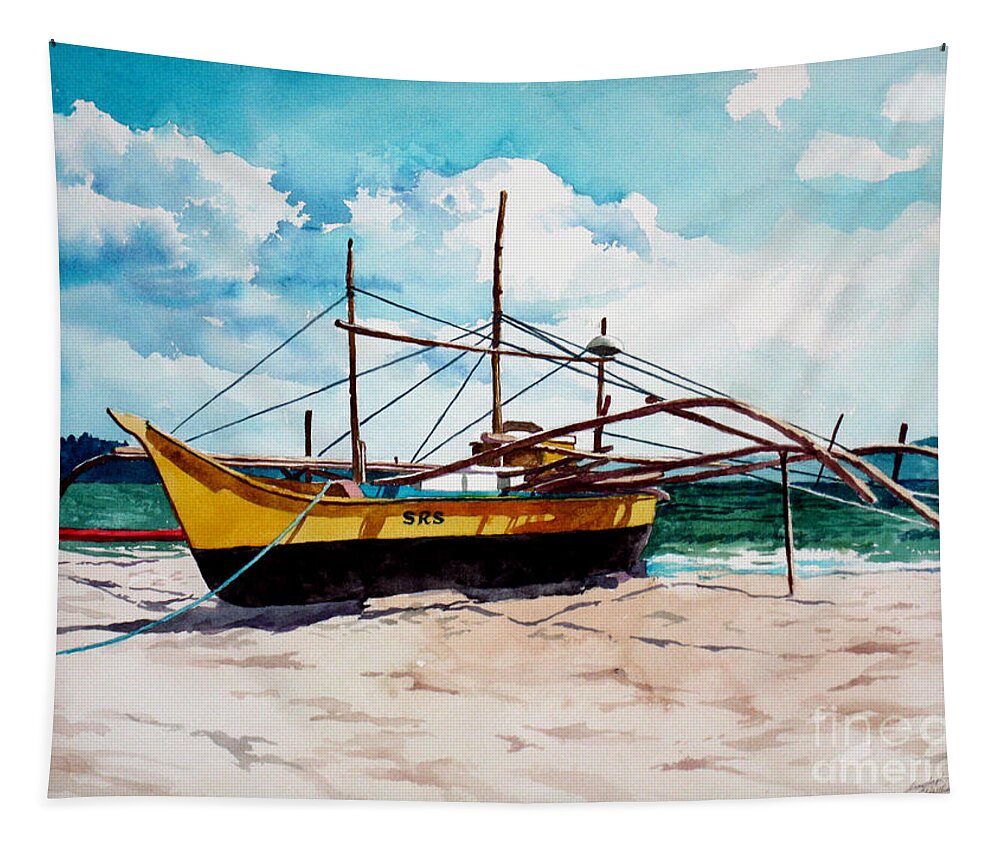 Boat Tapestry featuring the painting Yellow Boat Docking on the Shore by Christopher Shellhammer