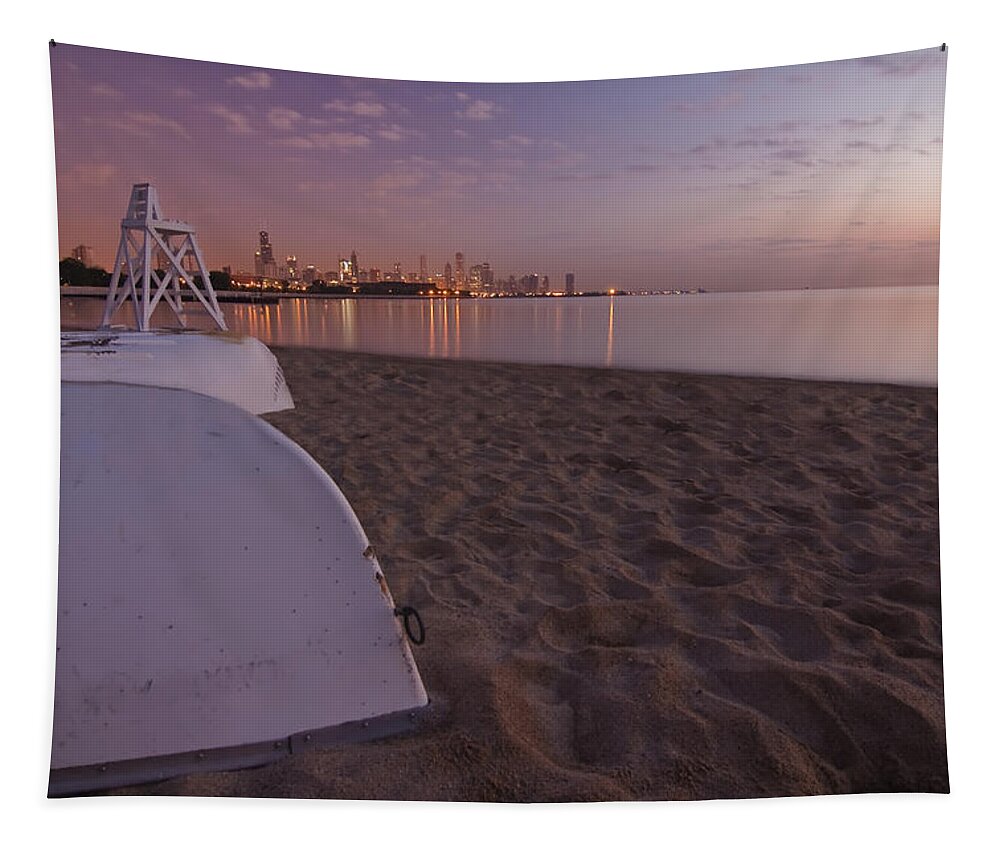 Boats Tapestry featuring the photograph Beach and Chicago Skyline by Sven Brogren
